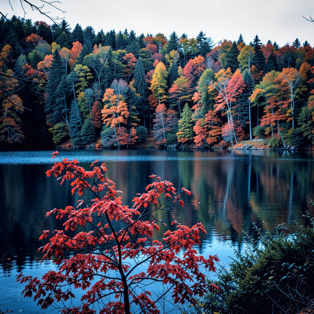 Duotone photograph of a calm lake bordered by dense forest in autumn colors, with a red-leaved branch in the foreground; rich greens, oranges, and reds set against still water.