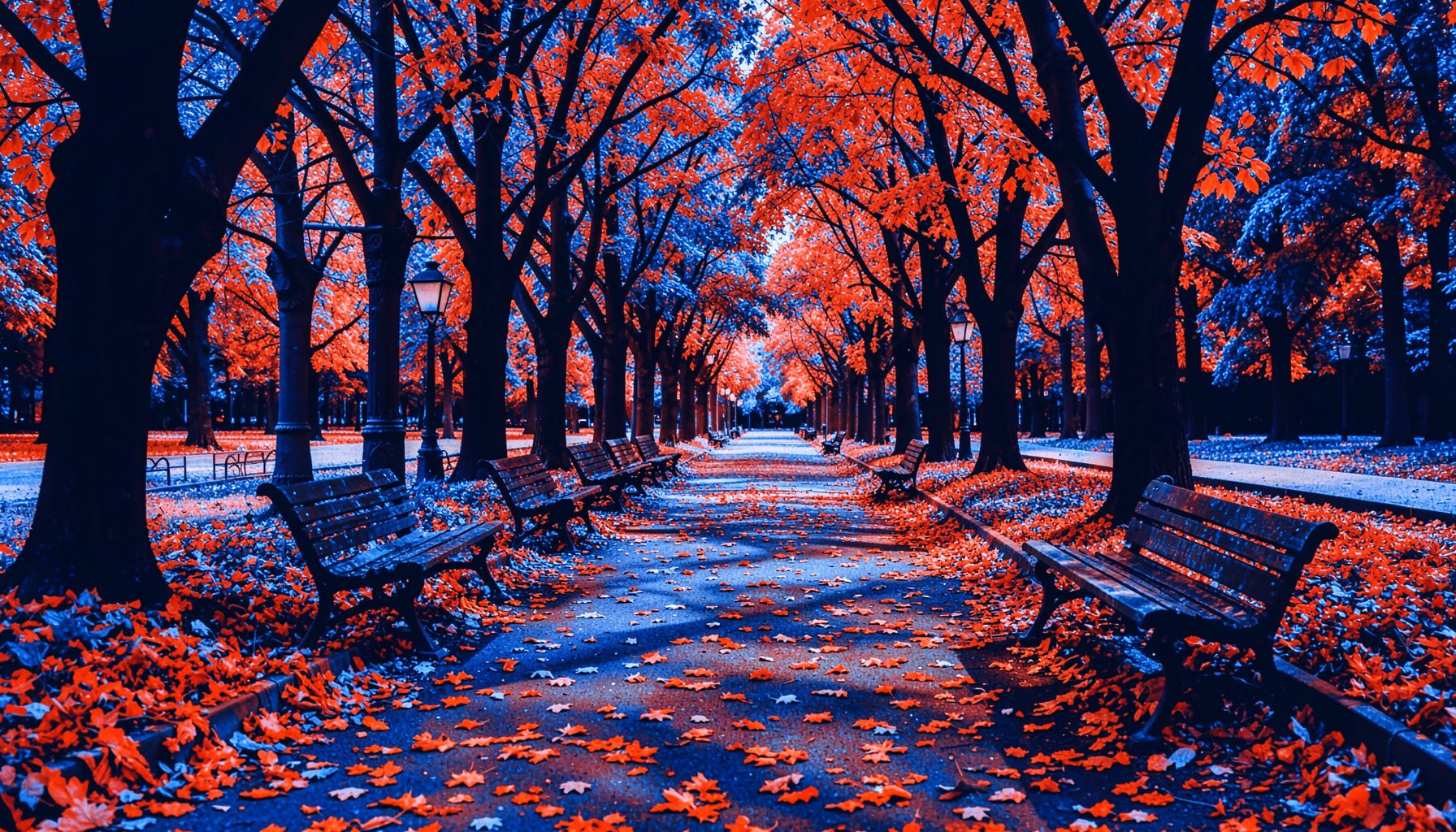 Duotone photograph in burnt orange and cream of a tree-lined park path with fallen autumn leaves and benches, warm and reflective mood